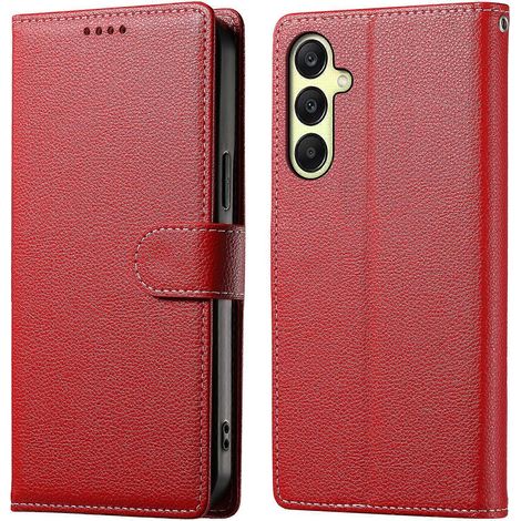 Compatible avec Samsung Galaxy A17 5G. Étui portefeuille en cuir rouge à texture litchi avec fermeture magnétique et dragonne. (1/5)