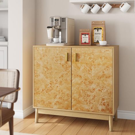 Buffet 80 cm en bois avec pieds en bois massif, étagères ajustables, meuble décoratif multifonction, style campagne, pour salon, couloir et entrée – Couleur naturelle