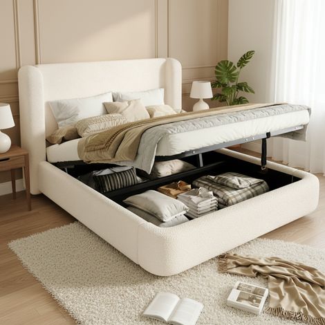 Cama doble 160x200 cm beige en bouclé con somier, cabecero acolchado y arcón hidráulico (1/5)