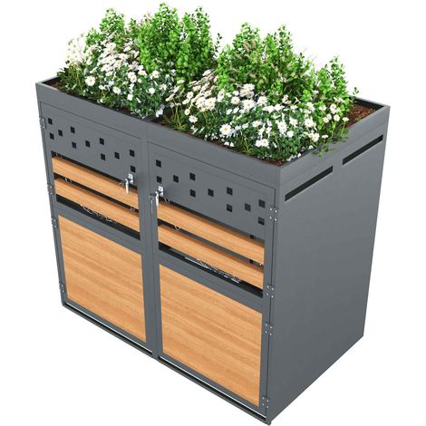 Abri poubelle 2 bacs avec toit végétalisable acier et bois 132cm (1/5)