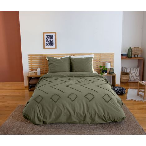 Parure Housse de couette KAYL – 240x220 cm – Coton BCI lavé tufté – 52 fils/cm² – Kaki - 220x240cm - Vert kaki (1/3)