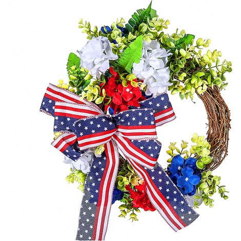 40 cm großer Kranz zum amerikanischen Unabhängigkeitstag mit Schleife, Weinrebenkranz, Türdekoration (getrocknete khakifarbene Zweige) (1/3)