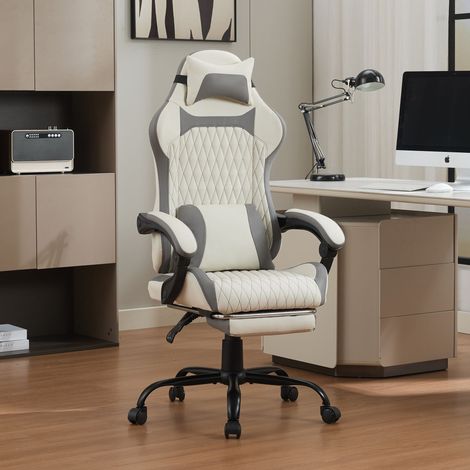 Fauteuil de Bureau Gaming Ergonomique avec Repose-Pieds Similicuir Blanc et Gris 61 x 52 x 129 cm -PANGIVO (1/5)