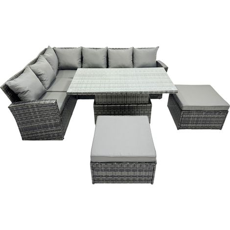 Fimous Poly Rattan Outdoor Patio Height Adjustable Rising Lifting Table Corner Sofa Set with 2 Big Stool for Garden Backyard Dark Grey Mixed (1/5)