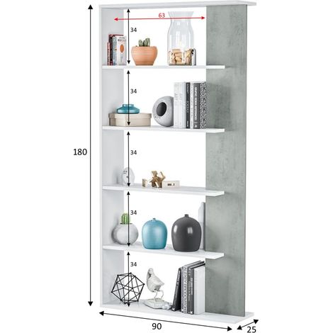 Libreria Santa Cruz Design Scaffale Mensola Moderna Mobile Per Libri Con Ripiani Per Soggiorno Salotto 180 x 90 x 25 cm (Colore Bianco e Grigio Cemento) - Colore: Bianco e grigio cemento