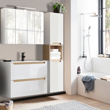 Badmöbel Set Hochglanz weiß mit Trüffel-Buche SOFIA-107 81cm Keramik-Waschtisch & LED-Spiegelschrank, B/H/T ca. 130/200/46 cm (1/5)