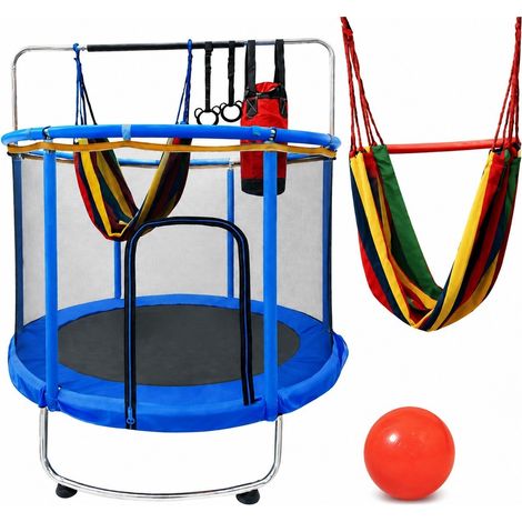 Trampoline rond pour enfants avec filet de sécurité, panier de basket et accessoires, bleu, pour jouer à l'intérieur ou à l'extérieur