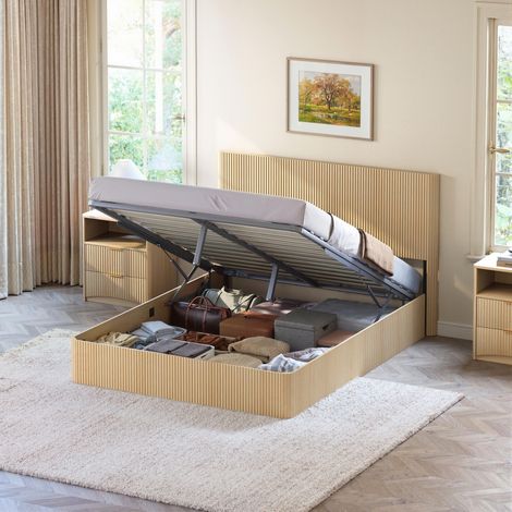 Lit moderne avec design rainuré et système de levage hydraulique – Grand espace de rangement, sommier à lattes robuste en bois massif, surface facile d'entretien – 160x200cm – Chêne clair, garantie...