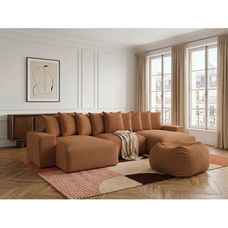 BOBOCHIC - Canapé panoramique fixe VOLTAIRE tissu chiné avec pouf Orange (1/5)