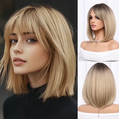Perruque femme la plus vendue - carré court avec frange brun clair, résistante à la chaleur et à la coloration, doublure intérieure rose