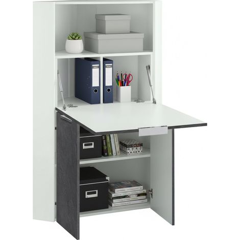 Dmora - Scrivania Akiro, Mobile ad angolo con scaffali e piano da lavoro, Tavolo multiuso per ufficio, Scrivania salvaspazio, 100% Made in Italy, cm 70x57h140, Bianco e Ardesia