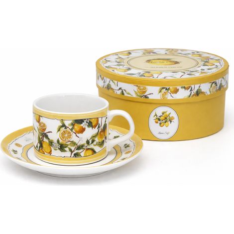 Taza y platillo de porcelana de 180 ml con diseño de limón, perfectos para regalar. (1/5)