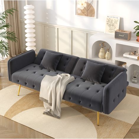 Sofá cama 2 plazas en terciopelo, respaldo y reposabrazos ajustables, gris oscuro HAVRYA (1/5)