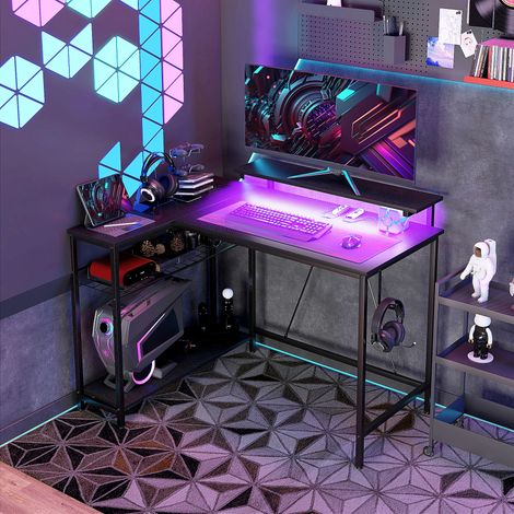 Bureau d'angle réversible. bureau d'ordinateur avec LED. 2 prises et 2 ports USB et panier réglable. 107x80x90cm. noir