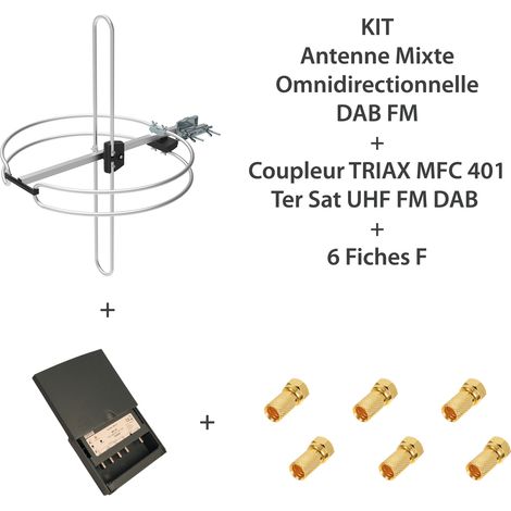 KIT Antenne mixte omnidirectionnelle DAB FM + Coupleur TRIAX MFC 401 Ter Sat UHF FM DAB + 6 Fiches F (1/5)