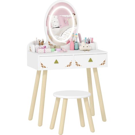 Coiffeuse pour enfant - bureau enfant fille - 2 en 1, avec miroir à LED 3 couleurs et tabouret - 60x30x99,3 cm - blanc