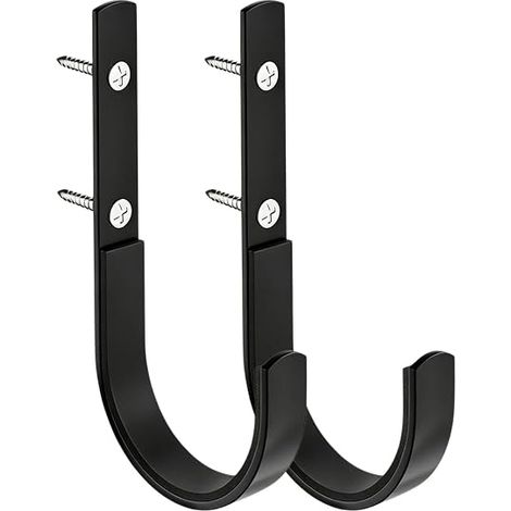 Crochet Mural en J, Lot de 2, Crochets Muraux Noirs Robustes en Acier Revêtement Poudre, pour Garage, Atelier, Vélo, Échelles, Outils, Support Mural avec Vis, Montage Facile (1/5)