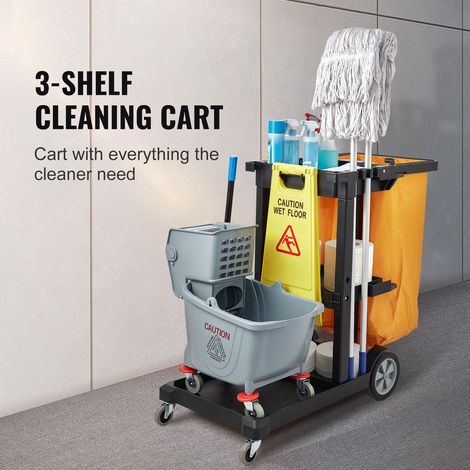 Chariot nettoyage pro 3 étages 90,7 kg PP avec sac PVC 94,6 L 120x51x98 cm jaune noir (1/5)