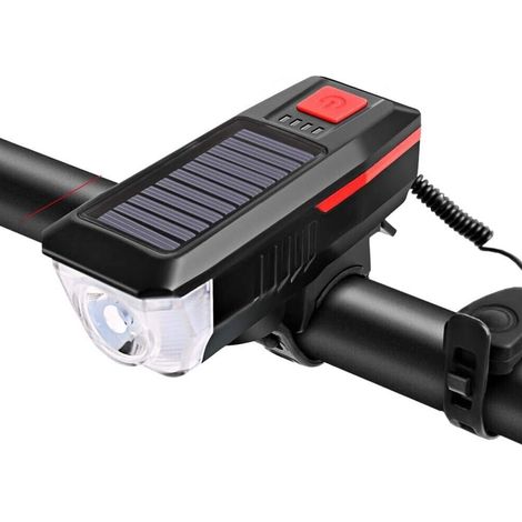 SOLARBETRIEBENES, WIEDERAUFLADBARES LED-FAHRRADLICHT MIT USB-ANSCHLUSS UND HUPE