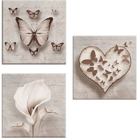 Lupia - Set 3 Quadri su Tela, Cuore Farfalla Fiori Shabby, 57x57 cm, Pronti da Appendere, Telaio in Legno Ecologico, Decorazione Soggiorno Camera Cucina Ufficio, Realizzato in Italia (1/4)