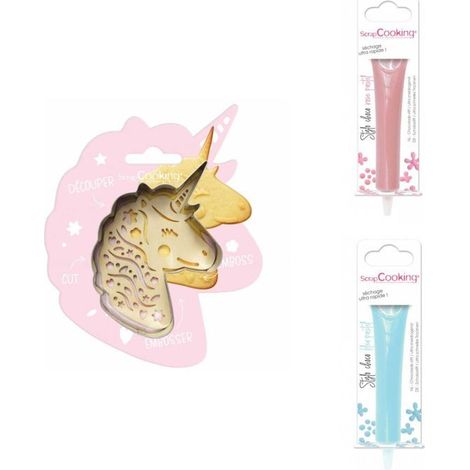 Kit pour biscuit en relief Licorne + 2 Stylos au chocolat rose pastel et bleu pastel
