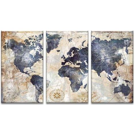 Weltkarten-Druck auf Vliesleinwand, 3-teiliges Wandbild, 30 x 60 cm