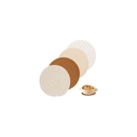 4 Pièces Dessous de Plat en Fil de Coton,Dessous De Plat Ronds Tressés Tapis Porte Casseroles, Ronds tressés pour casseroles, 4 Couleurs poêles (1/5)