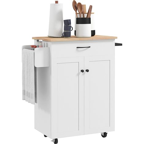 Desserte cuisine desserte à roulettes plateau en bois d'hévéa avec tiroir placard 2 portes 83 x 45 x 91,5 cm blanc (1/5)