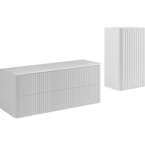 Ensemble de meubles de salle de bain, 2 tiroirs, 1 porte, fermeture douce, façades rainurées, Blanc, 120,8 x 44,2 x 48,4 cm (1/5)