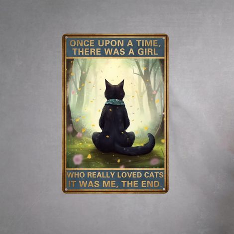 Décoration avec chat noir - Plaque "Il était une fois" - Décoration de chat vintage pour la maison, la chambre, la cuisine, le bureau, le café, le bar, Cadeaux pour les amateurs de chats, Plaque métal (1/5)