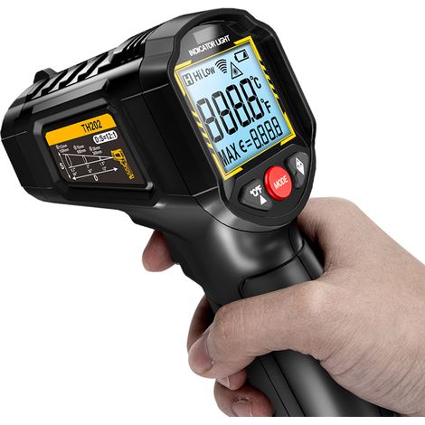 Thermomètre infrarouge sans contact, pistolet de mesure de température -50°C à 600°C, émissivité réglable, rapport D:S 12:1, écran LCD rétroéclairé, alarme haut/bas, maintien des données, arrêt auto, (1/5)