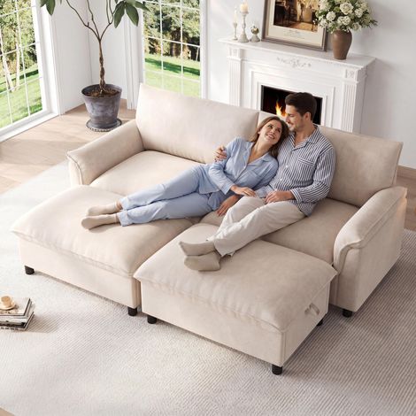 Canapé d'angle modulable Cloud, canapé confortable pour le salon, design d'angle en U, assise profonde, canapé Cloud extra-large, livré avec 2 poufs amovibles, dossier haut, beige, 216 × 82 × 77 cm (1/5)