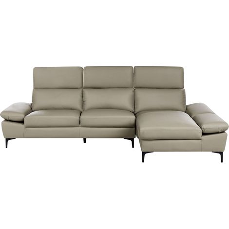 Canapé d'Angle à Gauche Moderne en Cuir Réglable au Niveau des Appuis-Tête et Accoudoirs 4 Places Gris Clair Taupe Farila