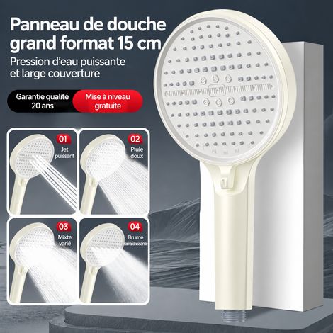 Pommeau de douche blanc crème, forte surpression - 4 réglages, grand panneau, 15 × 4 × 26,5 cm, 360 g. – Livraison gratuite