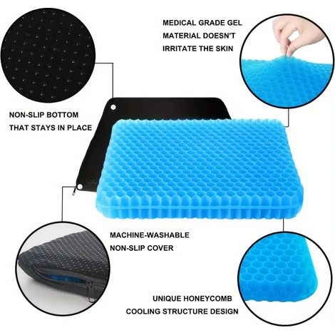 FLITI Coussin d'Assise Ergonomique en Gel TPE pour Bureau et Voiture 42x37x3,5cm Bleu Respirant (1/2)