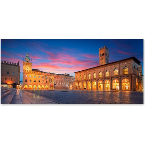 Lupia - Quadro moderno su Tela Canvas DEEP 65X143 cm, con paesaggi e localismi italiani, per casa, soggiorno, capezzale camera da letto, hotel, ufficio, BOLOGNA - PALAZZO D'ACCURSIO SERA (1/4)