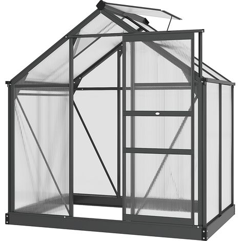 Outsunny 6 x 4ft Polycarbonate Greenhouse, Large Walk-In Green House with Slide Door and Window, Garden Plants Grow House with Aluminium Frame and Foundation, Grey