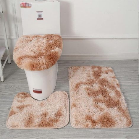Ensemble de tapis de bain antidérapants kaki 3 pièces, tapis de toilette contour en poils longs, housse de siège de toilette en poils longs tie-dye (1/2)