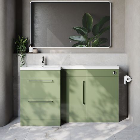 Napoli 390 Olive Green 1500mm 2 Drawer Vanity Unit Toilet Suite with Left Hand Square Lucia Basin - 1500mm - Chrome 320mm HandleWithout Kingston Toilet Pan
