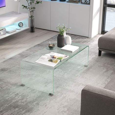 Table basse monobloc moderne pour salon avec pieds antidérapants, en verre trempé transparent, 100 x 50 x 35 cm