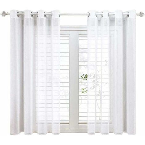 Lot de 2 Rideau Voilage Blanc 140x160cm en Effet Lin Imatation A Oeillets Rideaux Voilage Decoration Chambre Court Voilages intérieurs pour Chambre Enfant Petite fenêtre Cuisine