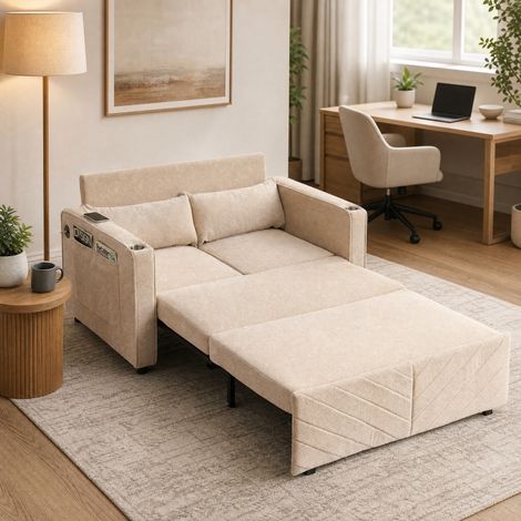 Canapé-lit 2 places 195x134x73 cm beige, USB, convertible 3 en 1, bois et tissu MEUBLIV (1/5)
