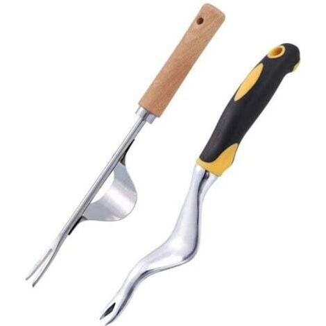 2pcs Désherbeur Manuel en Acier Inoxydable, Outil Gouge de Désherbage en Poignée Bois Outil De Jardinage Désherbeurs Pissenlit Y-Shape Manuelle Désherbage Racine Fourche (1/4)
