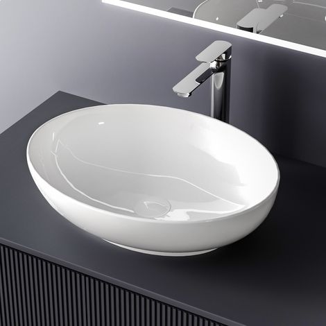 EMKE Handwaschbecken 52 x 39.5 x 13 cm Ovales Keramikwaschbecken Weiß Glänzend