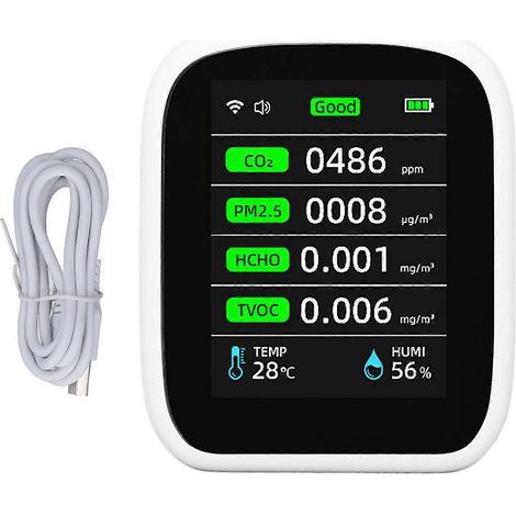 Tragbarer WLAN-Luftqualitätsmonitor mit präziser Messung von PM2,5, CO2, TVOC, HCHO, Luftfeuchtigkeit, Temperatur und Innenraumtemperatur für Zuhause.