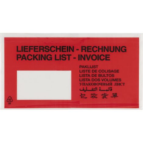 Dokumententasche 10-sprachig, selbstklebend, 228x120mm, bedruckt, Polyethylen - Schutz für Versanddokumente, Hotmelt-Kleber, 1000 Stück