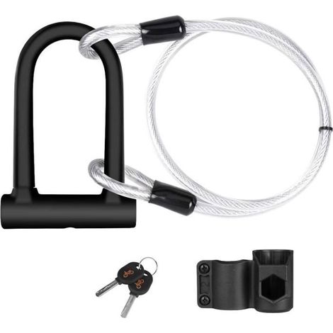Antivol Vélo en U, avec 2 Clés et 1,2 m Flex Acier Câble + Support de Fixation sur Cadre,pour VTT, Scooters Sécurité Cadenas (1/4)