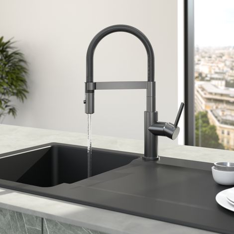Villeroy und Boch Steel Expert Compact Küchenarmatur 92730005 5,4 l/min, Umstellung Strahl/Brause, Edelstahl, anthrazit matt