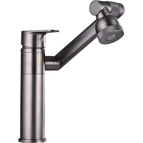 Robinet de lavabo haut, rotation à 360 degrés, robinet d'eau chaude et froide à un trou, avec tuyau d'arrivée d'eau, gris foncé (1/5)