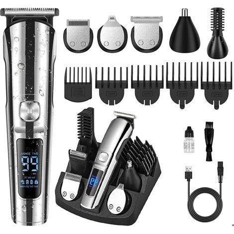 Tondeuse Cheveux et Barbe Professionnelle Homme sans Fils, Tondeuse Cheveux Rechargeable Etanche avec 6 Tête de Rasage et 5 Sabots (1/4)